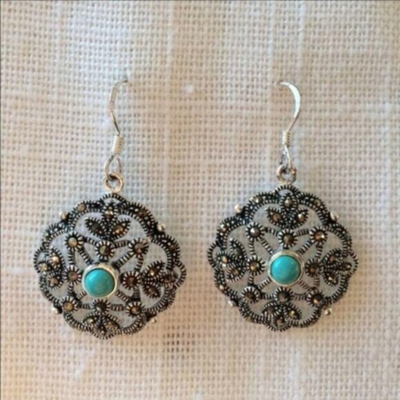NEW Sterling Silver Turquoise Marcasite Ea… - Picture 2 of 5